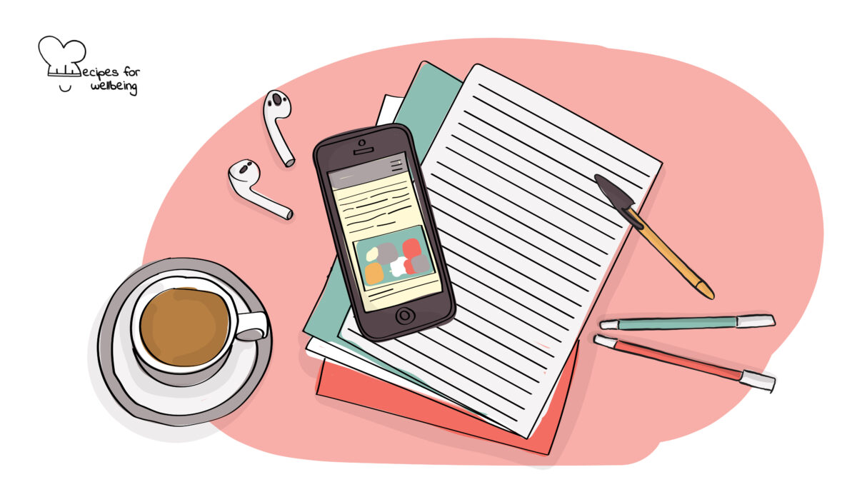 Smart studying with your phone Illustration of a few sheets of papers and pens, a smartphone, a pair of wireless earpods, and a cup of coffee. © Recipes for Wellbeing