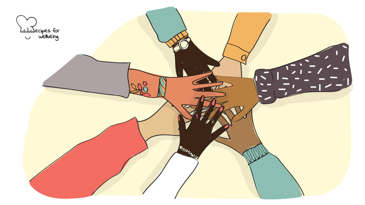 Beyond allyship Coalition Illustration of 7 hands stacked on top of one anther. © Recipes for Wellbeing