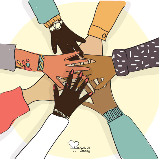 Illustration of 7 hands stacked on top of one anther. © Recipes for Wellbeing