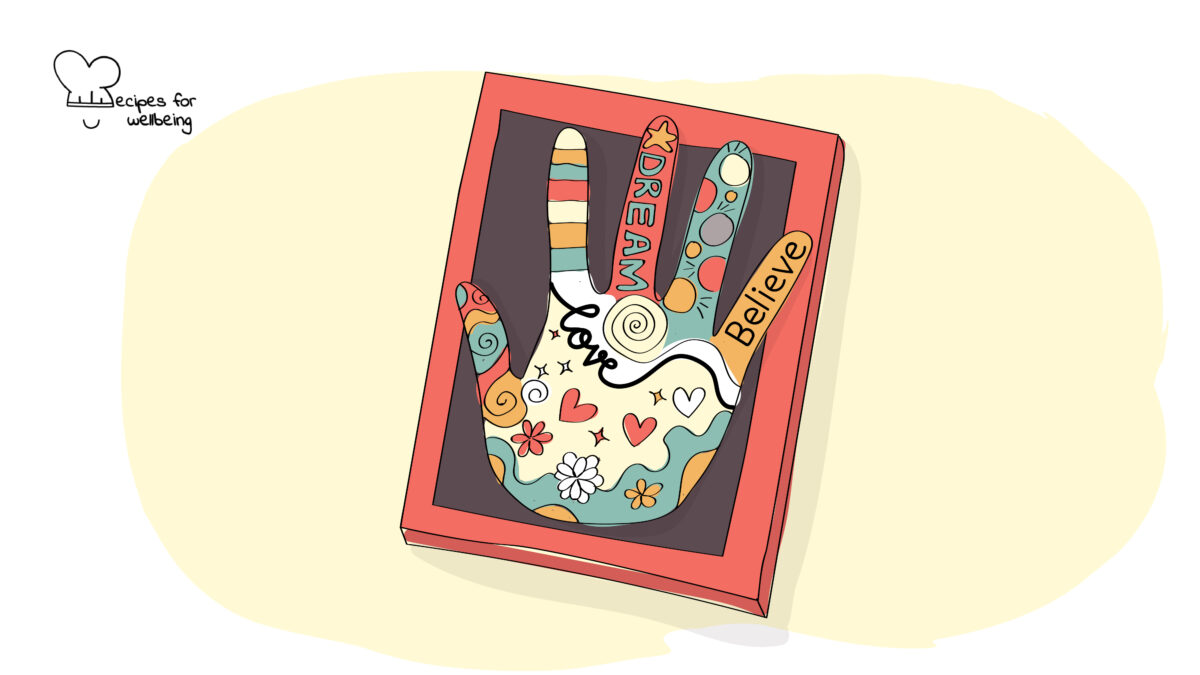 Handprints to embrace uniqueness in teams Illustration of hand-drawn colourful handprint. © Recipes for Wellbeing