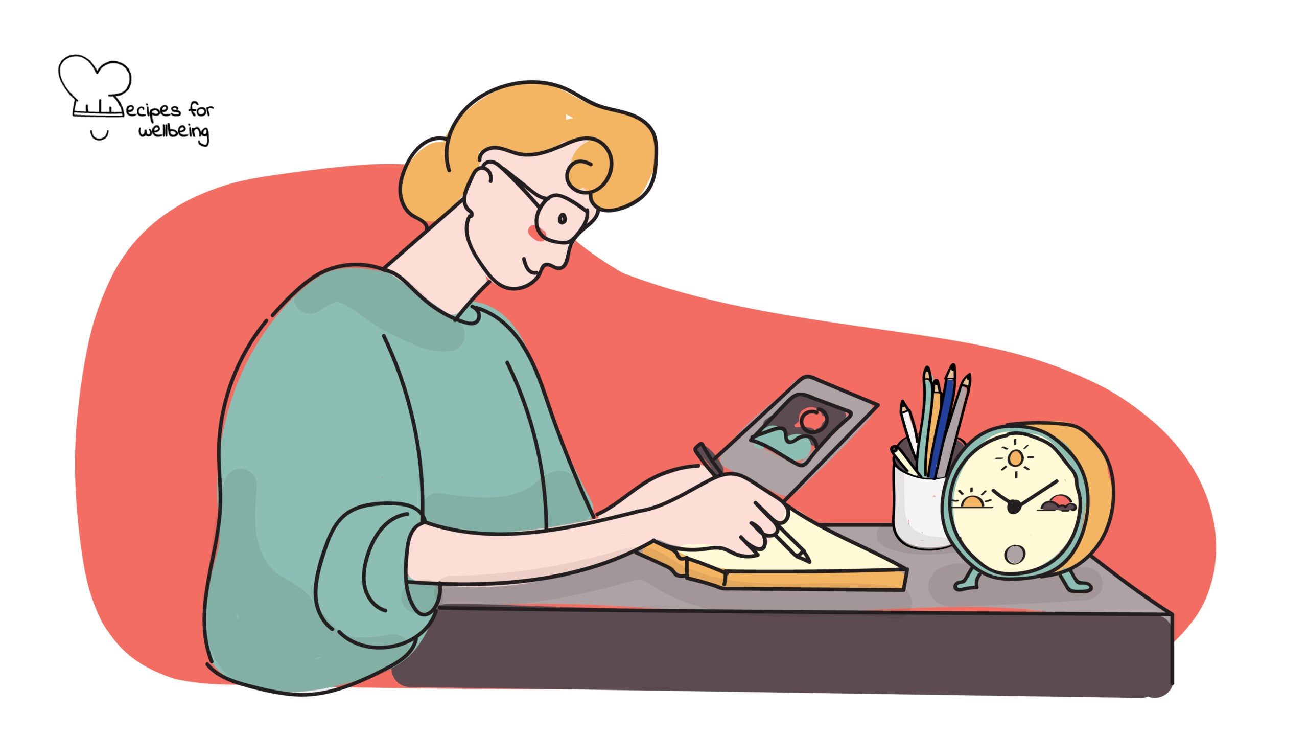 A year in a day Illustration of a person writing on a journal. © Recipes for Wellbeing