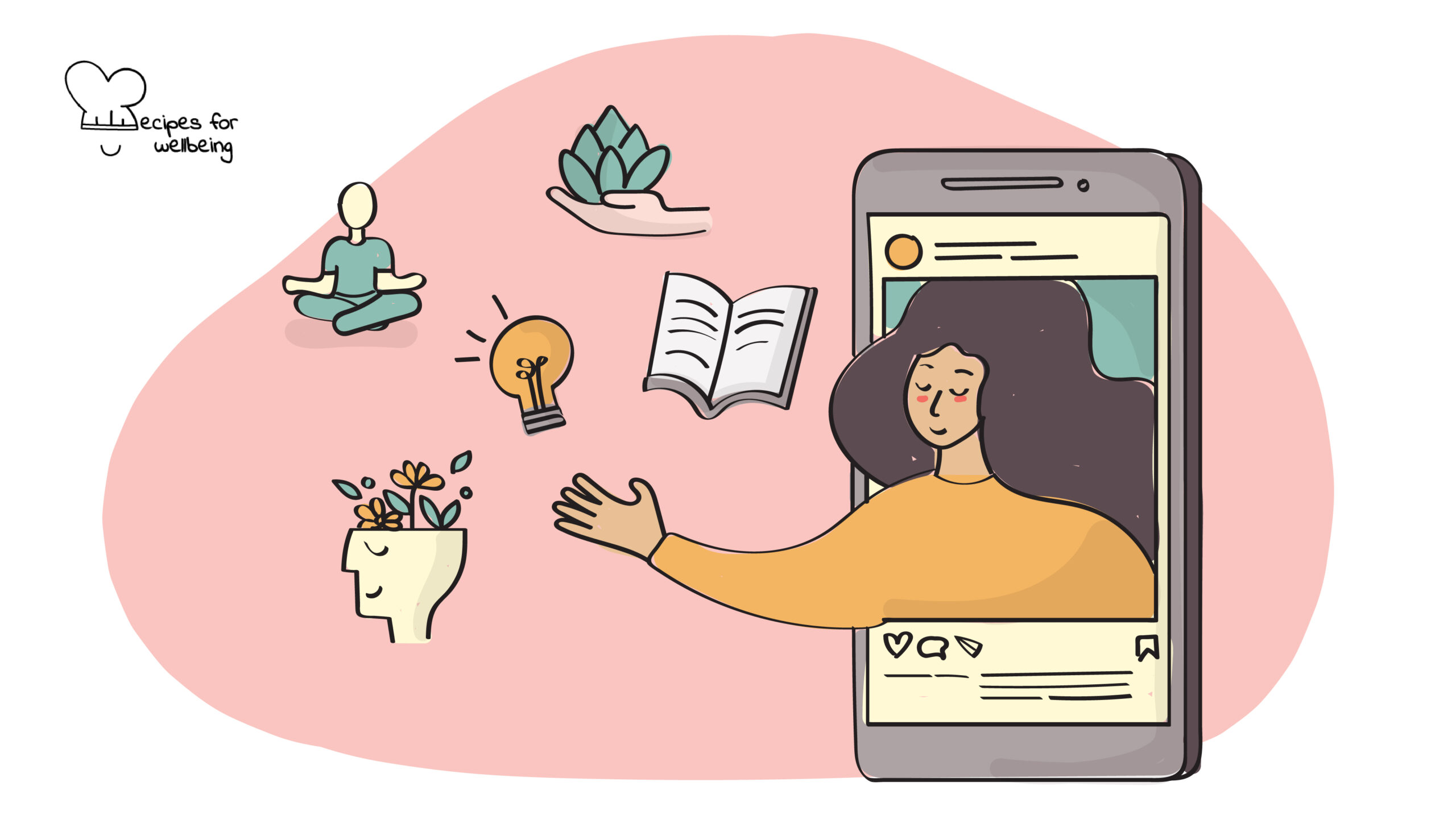 Social media for mental health education Illustration of a person inside a smartphone surrounded by various mental health icons. © Recipes for Wellbeing