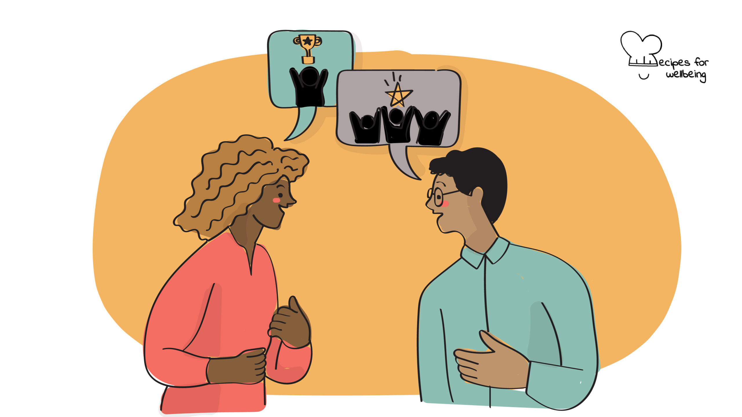 Challenging dominant worldviews Illustration of a two people sharing their perspectives with one another. © Recipes for Wellbeing