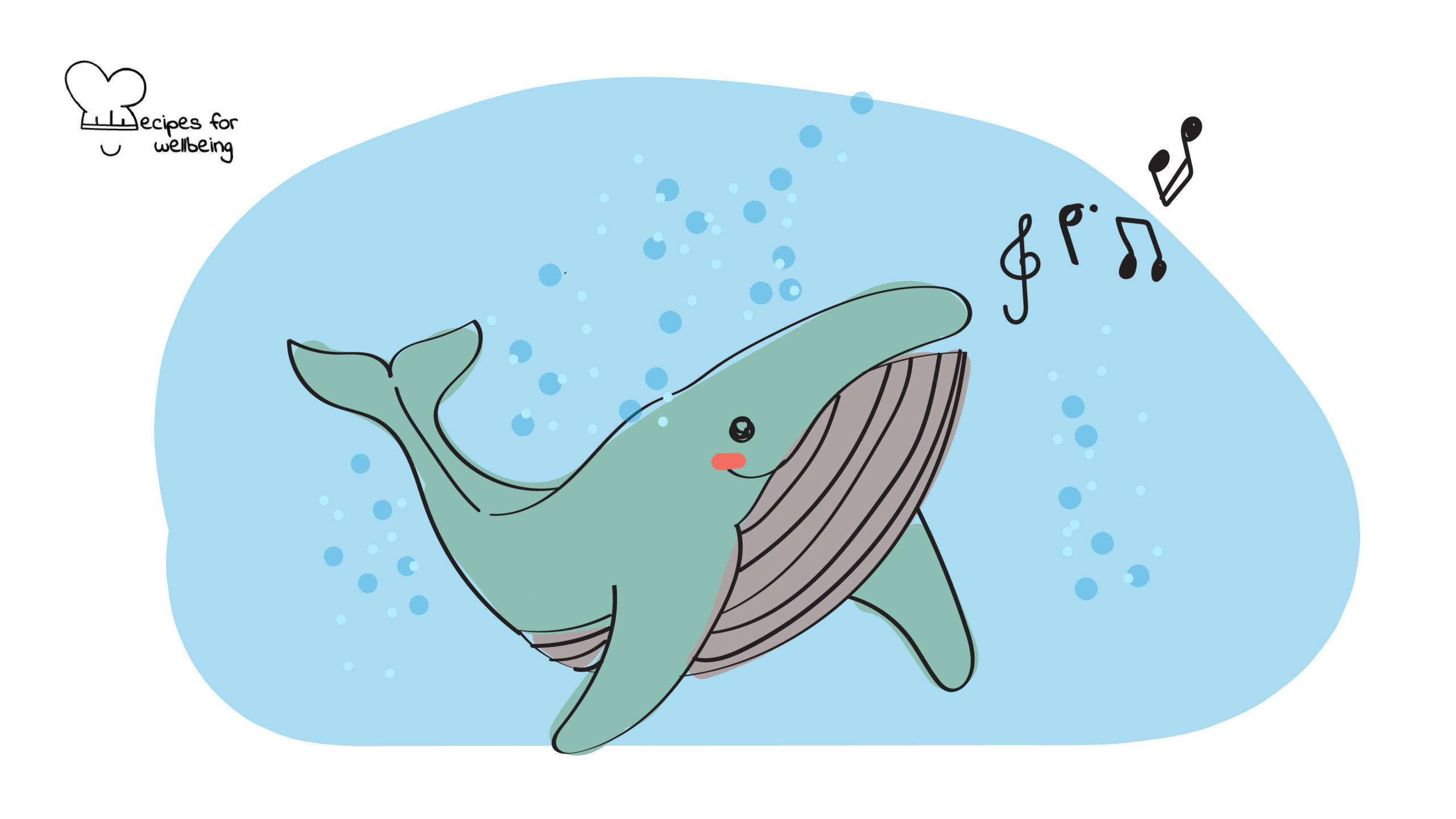 Whale meditation Illustration of a whale with musical notes coming out of the mouth. © Recipes for Wellbeing